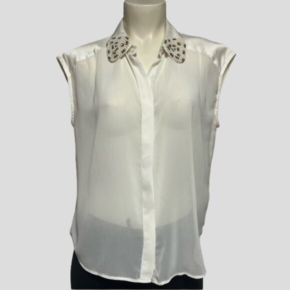 NWOT Buffalo David Bitton Sheer Off White Sleeveless Beaded Blouse Top - Picture 1 of 10